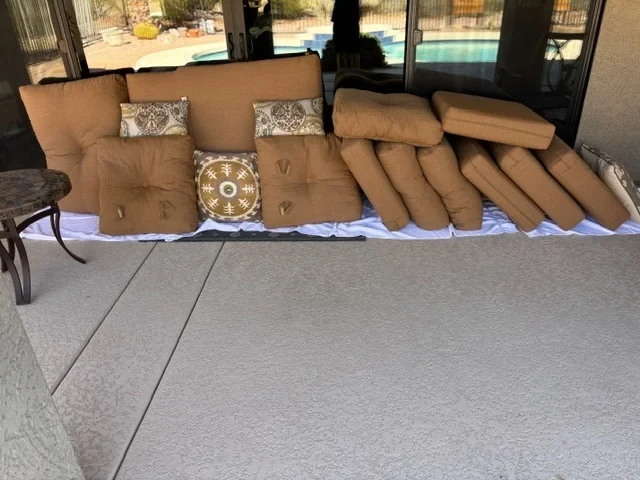 Terrace cushions laid out for cleaning